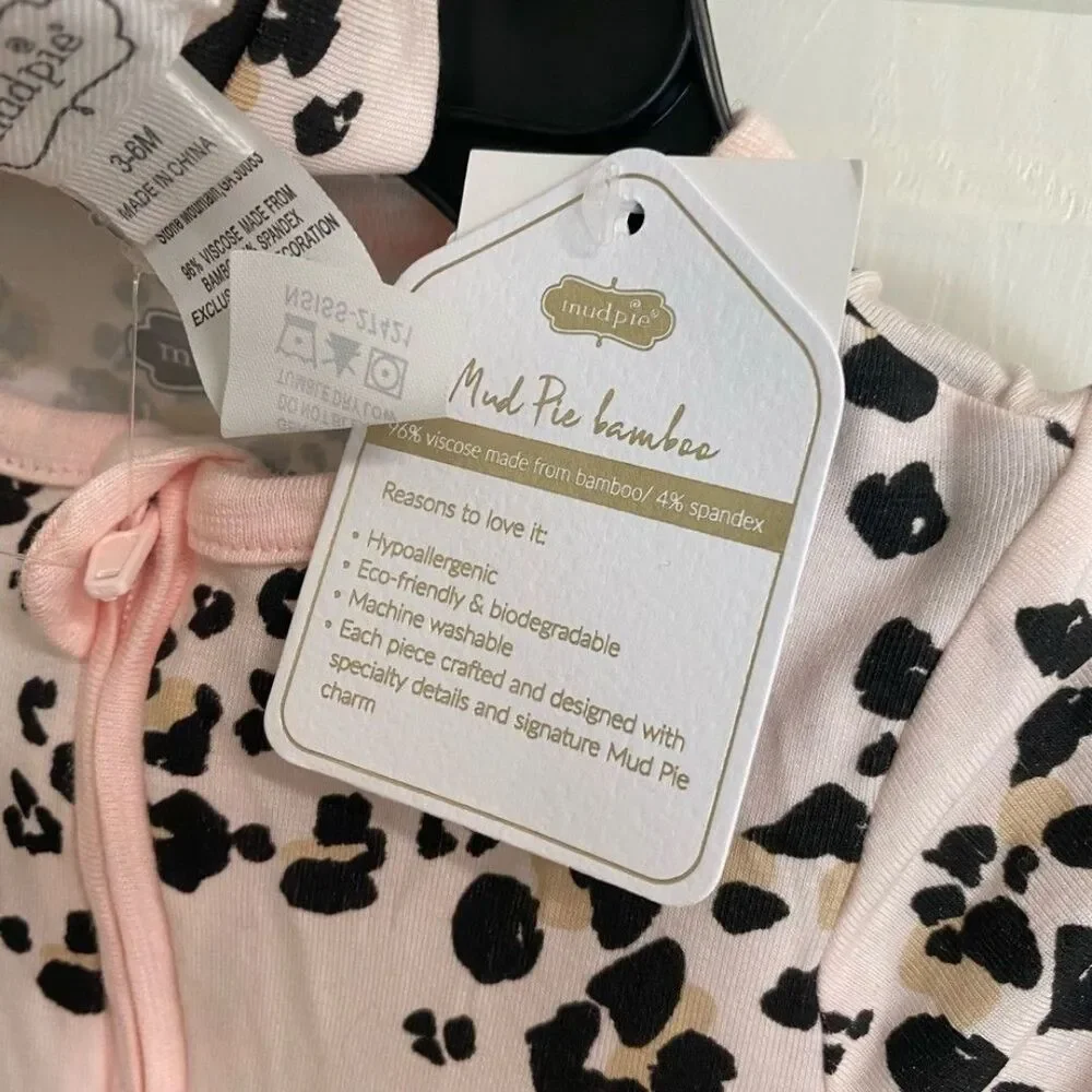New Mud Pie Baby Girl Sleeper & Headband 3-6 mos. LEOPARD Pink Footed gift
